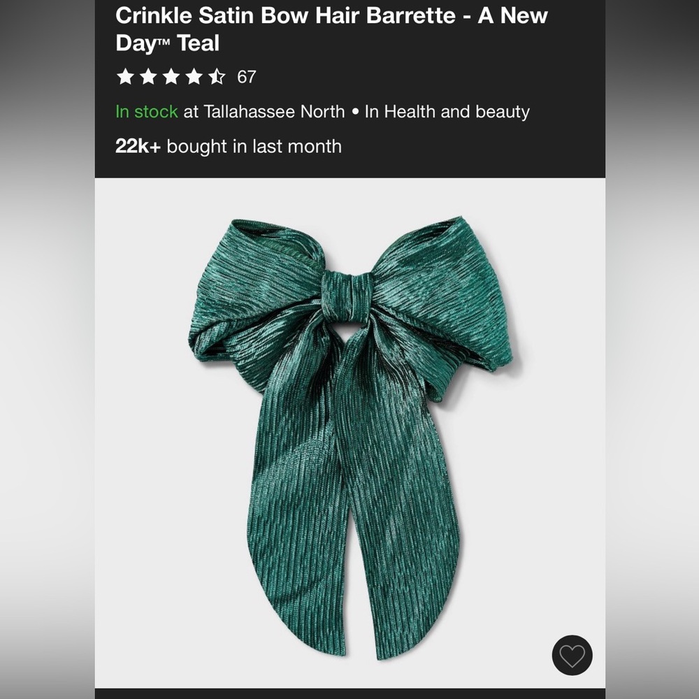 A New Day Crinkle Satin Bow Hair Barrette (Teal/Green) NWT